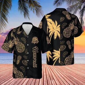 Golden Pineapple Hawaiian Shirt Tropical Aloha Beach Vacation Summer Top
